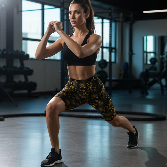 Woman performing a lunge exercise in a gym setting
