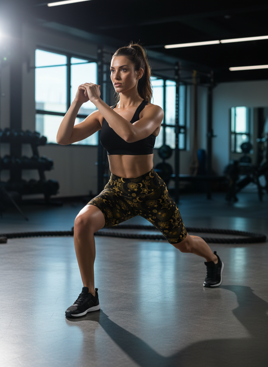 Woman performing a lunge exercise in a gym setting