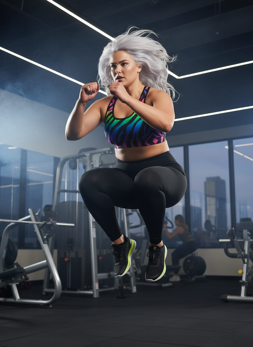 Woman exercising in a gym with a cityscape view