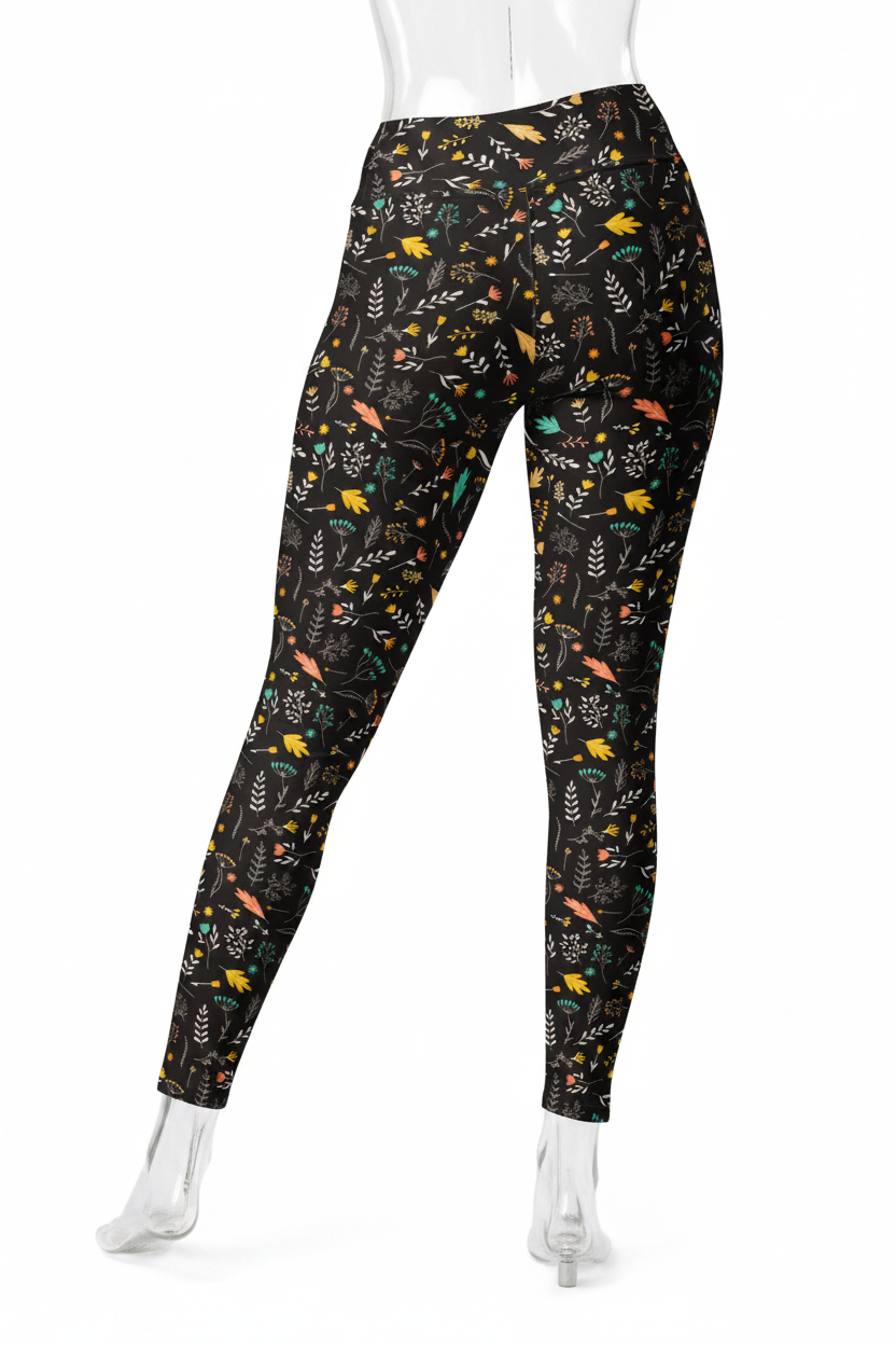 A mannequin modeling a pair of full-length leggings with a black background and a dense multicolor nature print of leaves, birds, and insects, shown from the back against a plain white background.