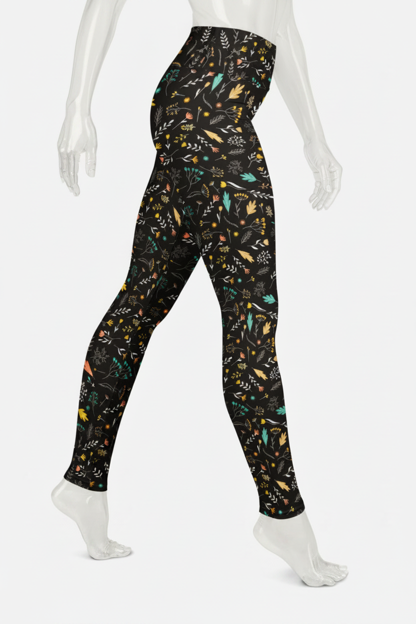 A mannequin wearing high-waisted leggings with a black background and a dense multicolor botanical pattern of leaves, flowers, and birds, shown from the waist down against a plain white background.