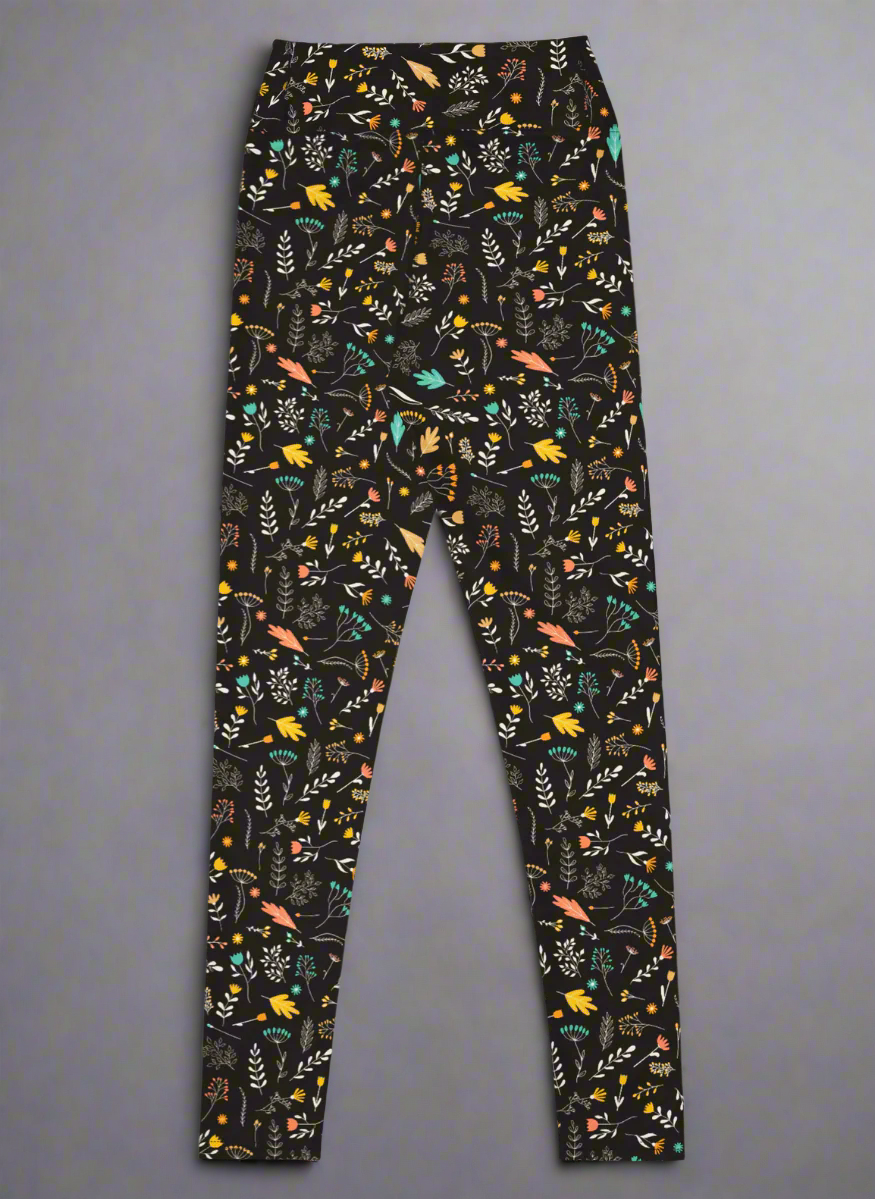 Leggings with colorful floral pattern on a black background