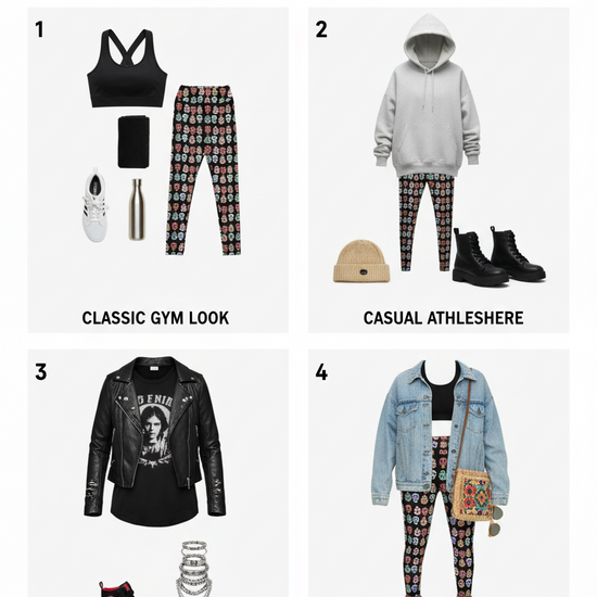 Four different outfit styles with corresponding clothing items on a white background.