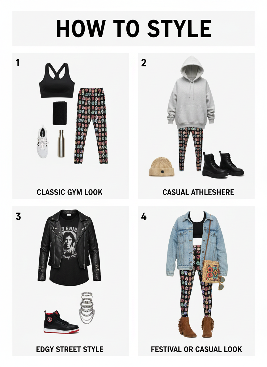 Four different outfit styles with corresponding clothing items on a white background.