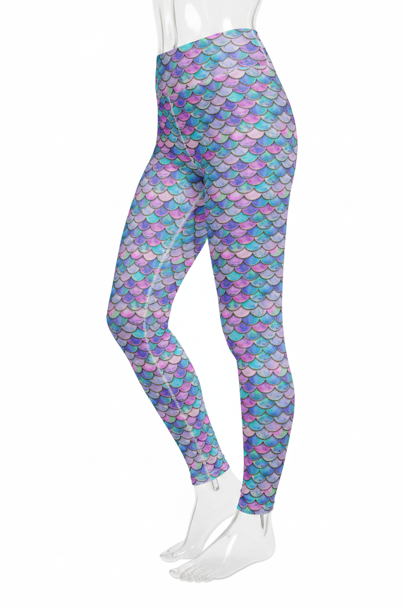A model wearing high-waisted leggings with a colorful mermaid scale pattern in shades of pink, purple, blue, and teal, shown against a plain white background.