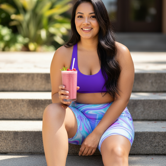Woman in athletic wear holding a pink smoothie on steps outdoors
