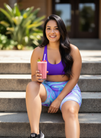 Woman in athletic wear holding a pink smoothie on steps outdoors