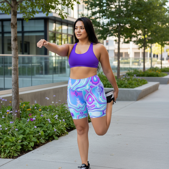 Woman in athletic wear stretching outdoors on a sidewalk with trees and buildings in the background