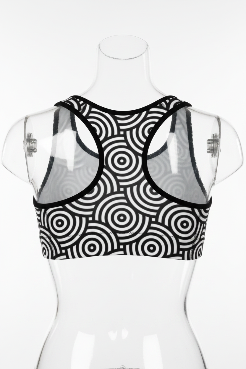 A black and white cropped tank top with a bold concentric circle target pattern and contrasting white shoulder panels, shown against a plain white background. 