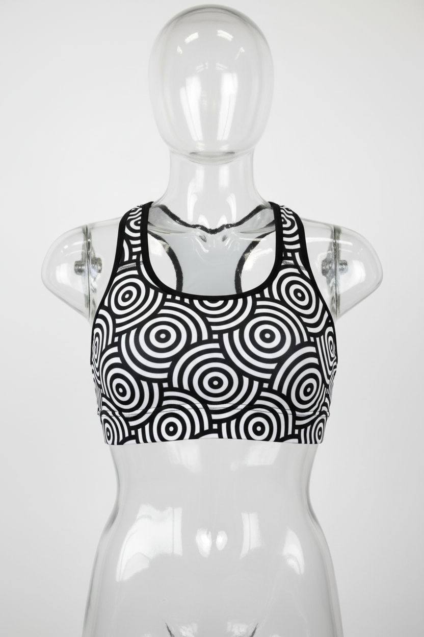 Black and white sports bra featuring a bold concentric circle target pattern, shown against a plain white background. 