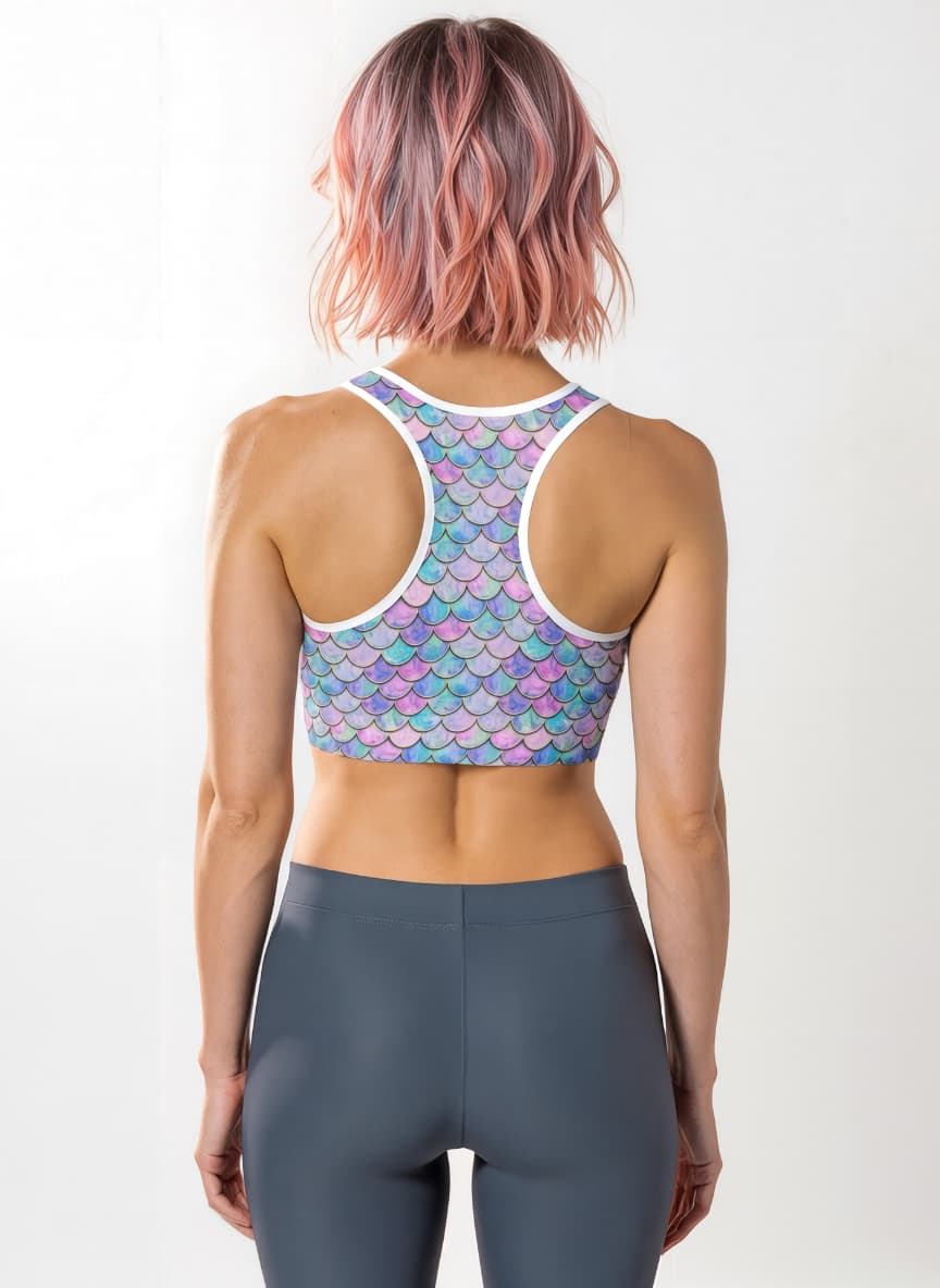 Person wearing a colorful patterned sports bra and gray leggings on a white background