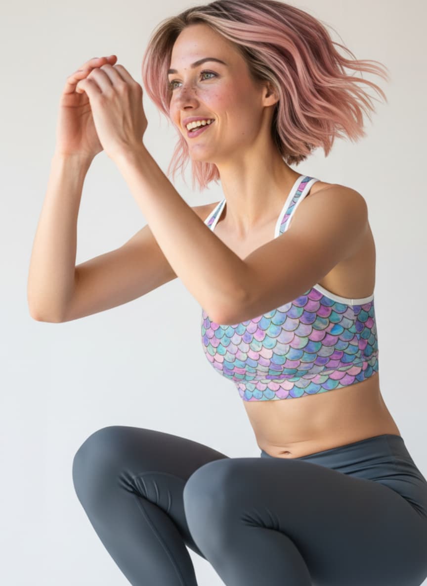 Woman wearing a colorful sports bra and gray leggings on a light background