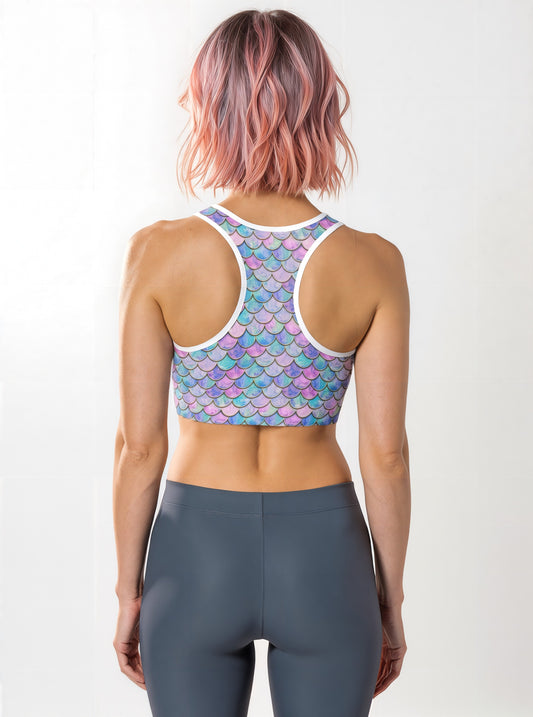 Woman showing the back of the Lumina Siren Essential Active Bra with a pastel blue, purple, and pink mermaid scale pattern, standing against a plain background