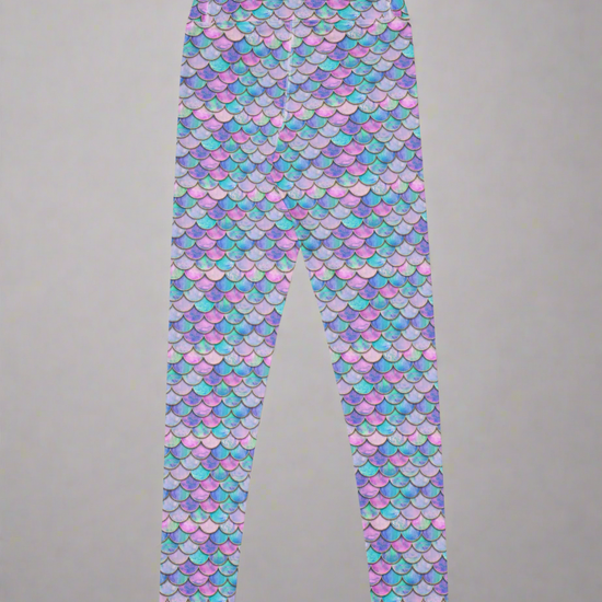 Colourful mermaid scales patterned leggings on a grey background