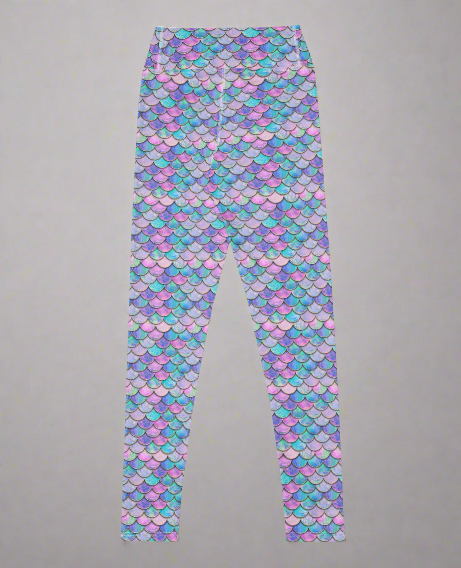 Colourful mermaid scales patterned leggings on a grey background