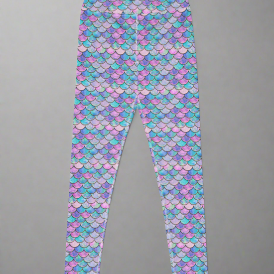 Colourful mermaid patterned leggings on a grey background