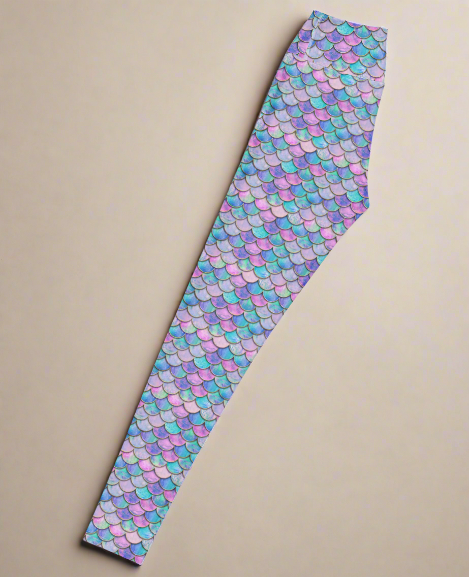 Left side of Lumina Siren Yoga leggings with mermaid scale pattern on a light grey background