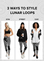 Three women modeling black and white patterned leggings with text on styling options.