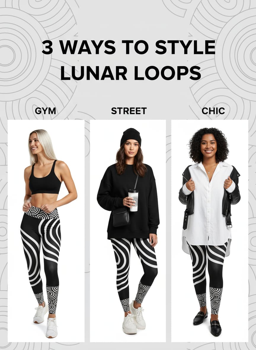 Three women modeling black and white patterned leggings with text on styling options.