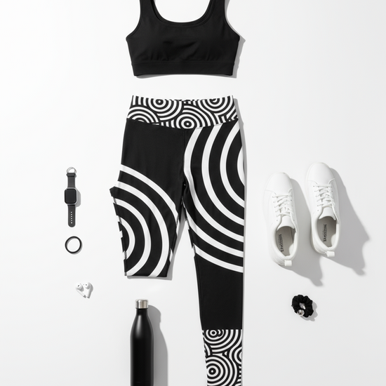 Lunar Loops Yoga Leggings - Flat lay with athletic outfit and fitness accessories