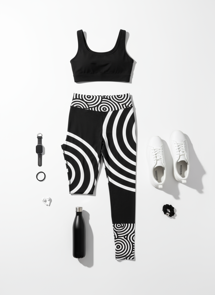 Lunar Loops Yoga Leggings - Flat lay with athletic outfit and fitness accessories