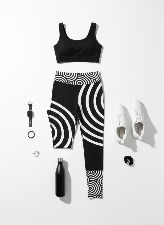 Lunar Loops Yoga Leggings - Flat lay with athletic outfit and fitness accessories