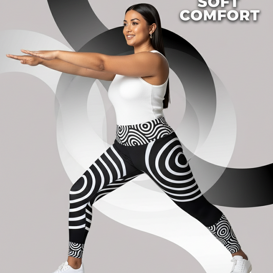 Woman in black and white patterned leggings posing against a gray background with 'Lunar Loops Yoga' branding.