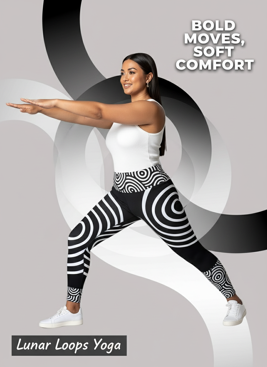 Woman in black and white patterned leggings posing against a gray background with 'Lunar Loops Yoga' branding.