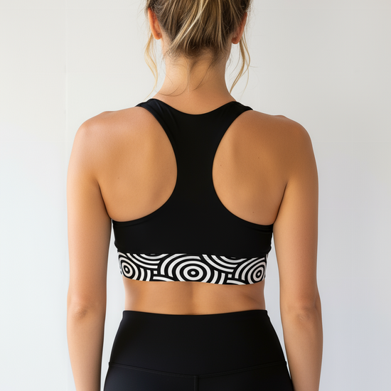 Lunar Loops Longline Sports Bra - Back view showing racerback straps and geometric pattern band