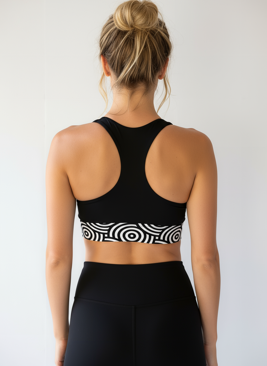 Lunar Loops Longline Sports Bra - Back view showing racerback straps and geometric pattern band