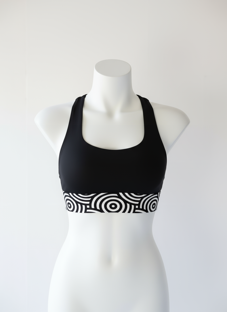 Black sports bra with white pattern on a mannequin against a white background