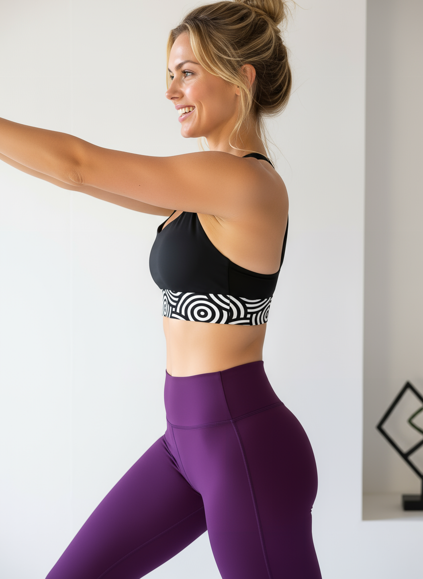 Lunar Loops Longline Sports Bra - Black racerback with white geometric circle pattern band, front view