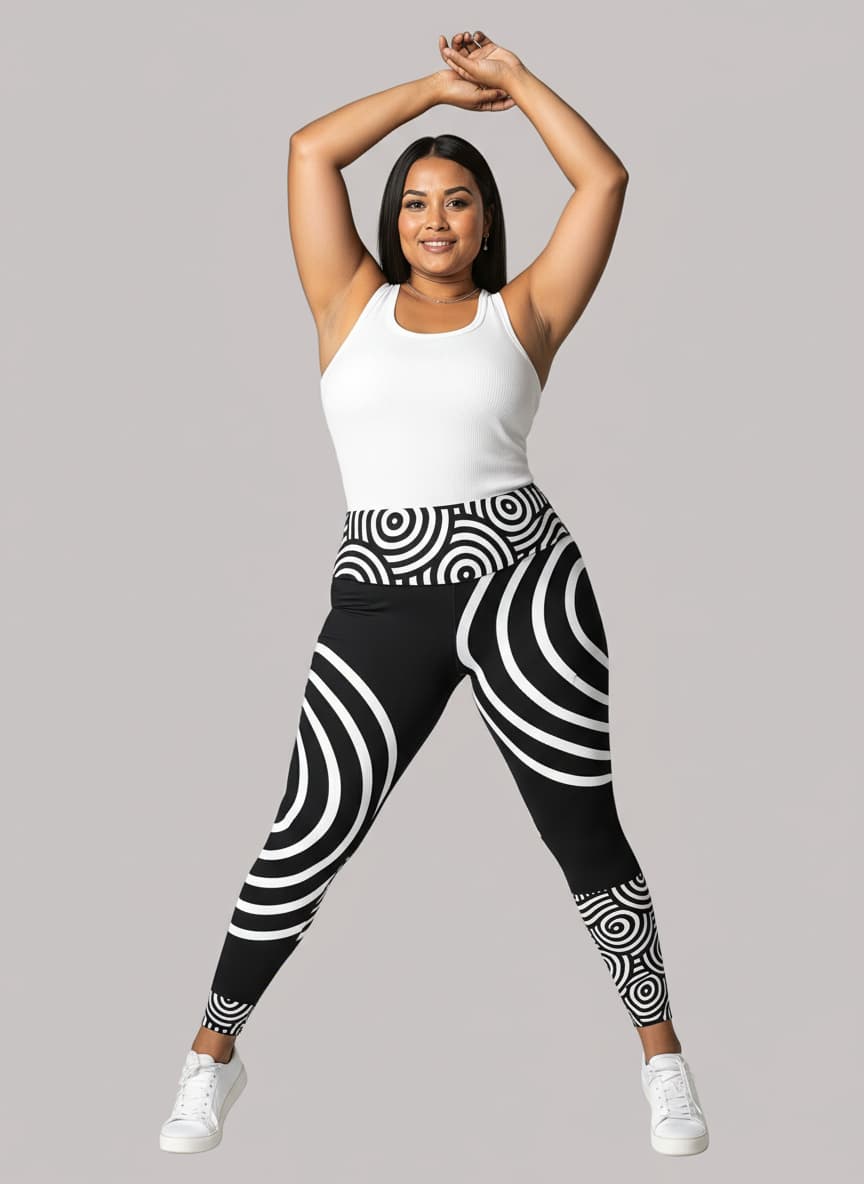 Woman wearing a white tank top and black and white patterned leggings on a gray background