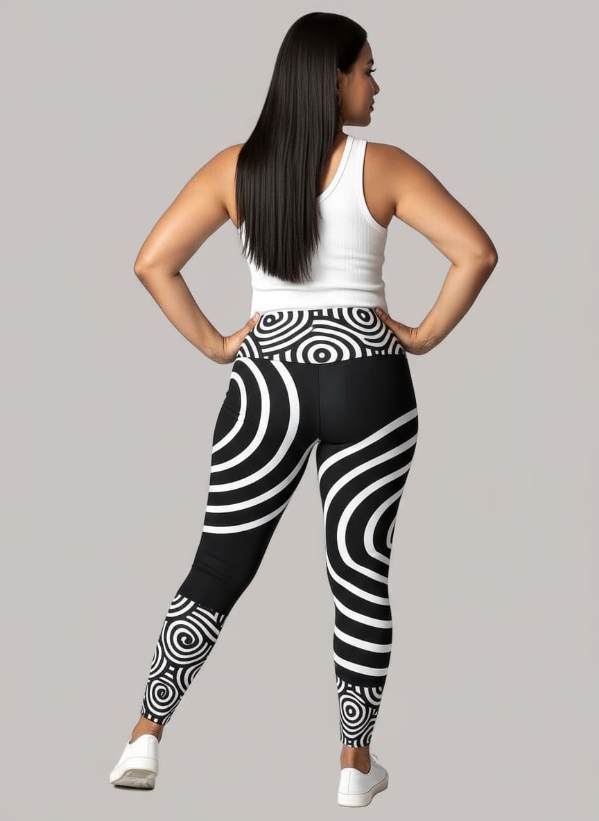 Person wearing black and white patterned leggings on a gray background