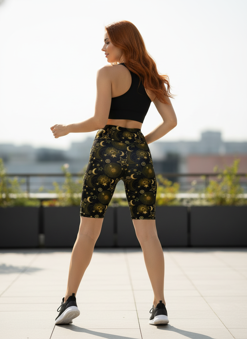 Woman wearing black sports bra and black shorts with celestial pattern.