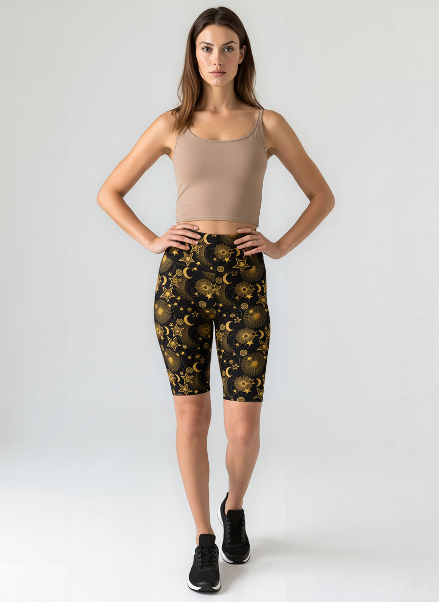 Woman standing and wearing Midnight Halo biker shorts with a black base and gold celestial star and moon print, paired with a beige crop tank top and black sneakers, against a plain background.