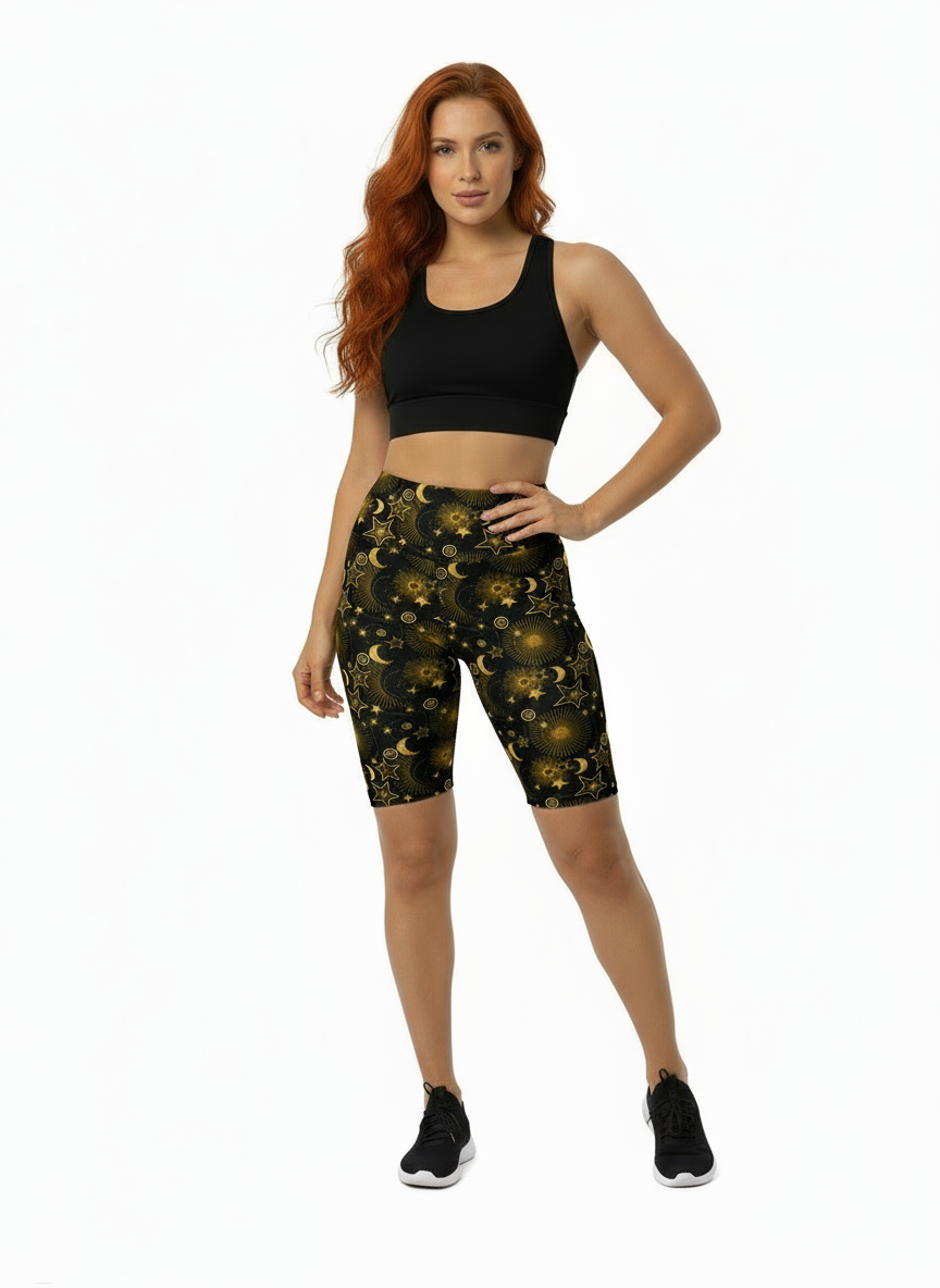 Woman wearing black sports bra and patterned shorts on a white background