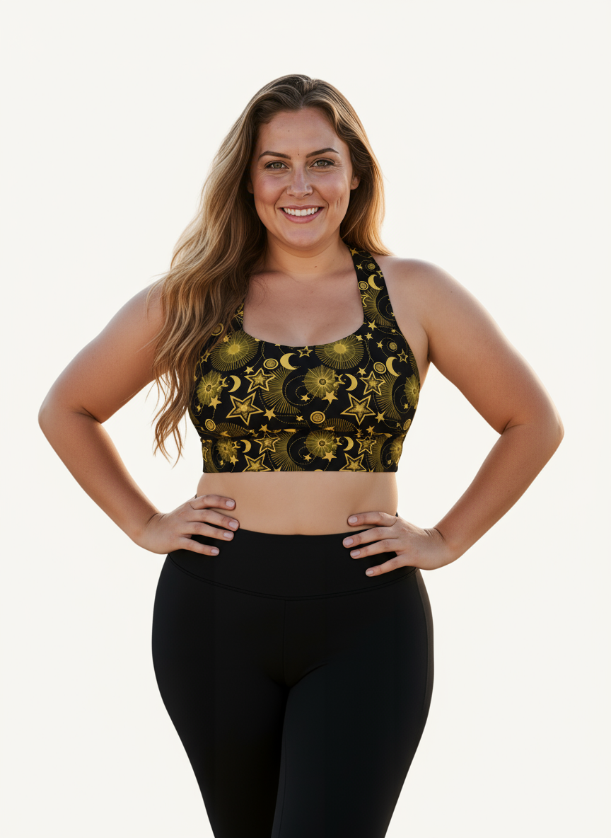 Woman wearing a black sports bra with gold star and moon pattern and black leggings on a white background