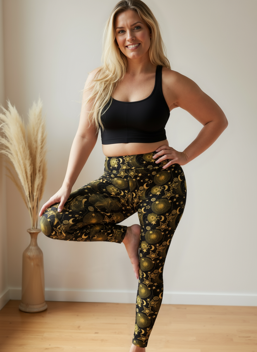 Woman wearing a black sports bra and patterned leggings in a room with a vase and dried plants.