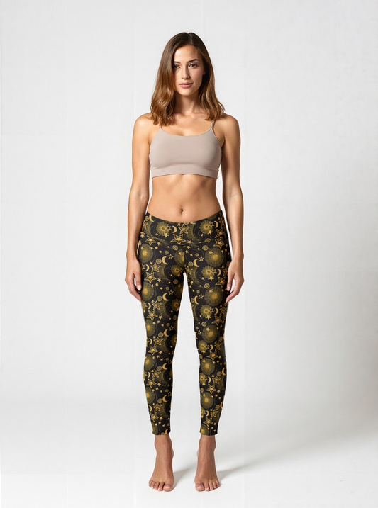 Woman wearing Midnight Halo yoga leggings with a celestial pattern featuring gold stars, suns, and moons on a black background, paired with a beige sports bra, standing barefoot against a plain white backdrop.