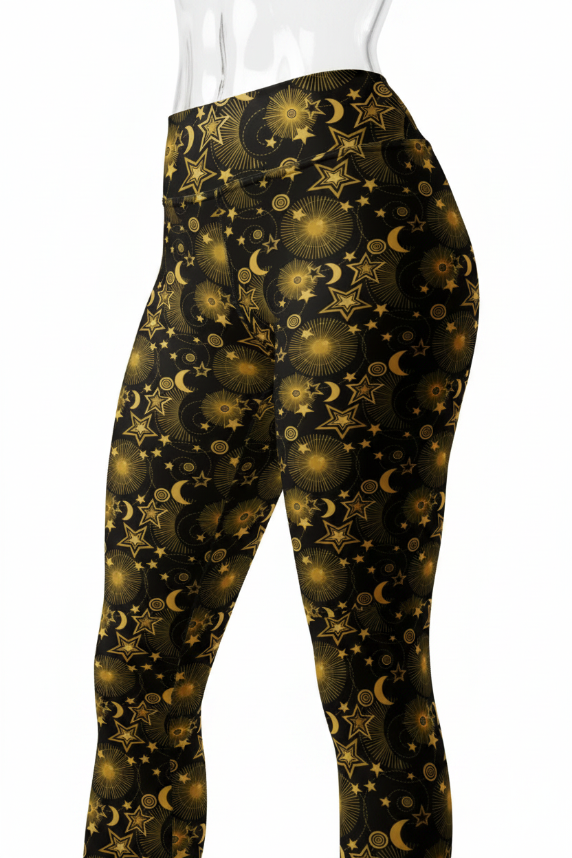 Black leggings with a gold celestial pattern of stars, moons, and sunburst circles, shown on a model against a white background.