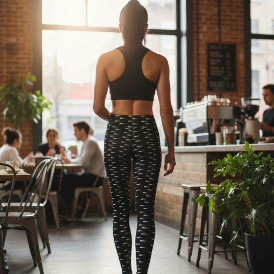 Person wearing black athletic wear walking through a cafe.