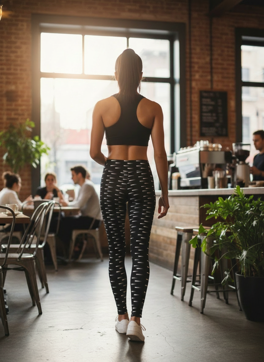 Person wearing black athletic wear walking through a cafe.