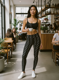 Woman in black sports bra and patterned leggings holding a cup in a cafe.