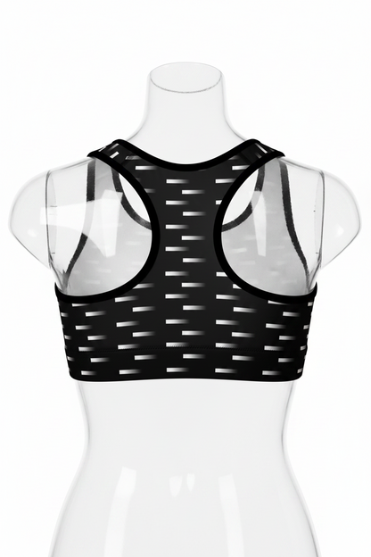 Black racerback sports bra with a white geometric pattern and white underwire cups, shown from the back on a white background. 