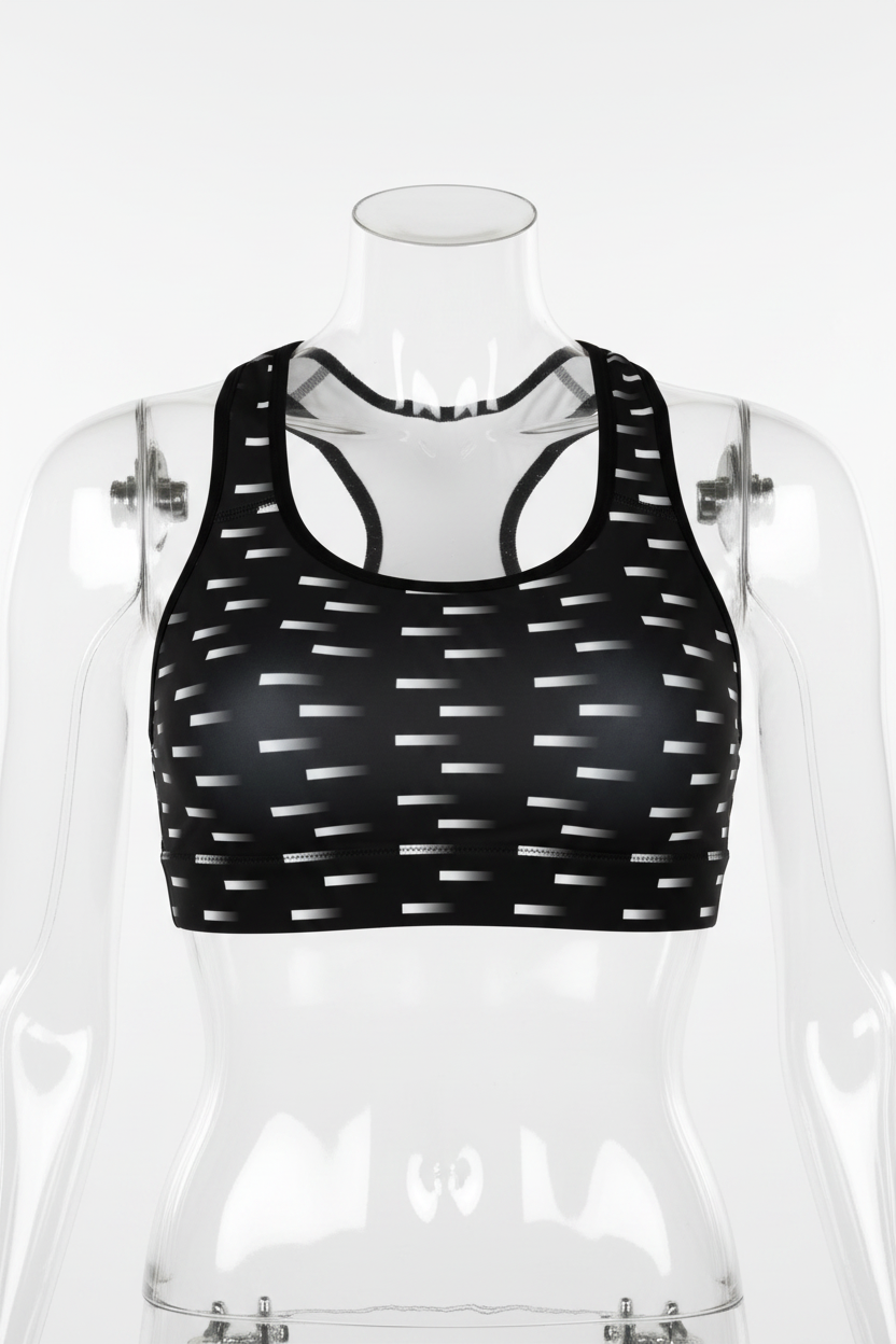 Black racerback sports bra with a repeating horizontal white stripe pattern, shown against a plain white background. 