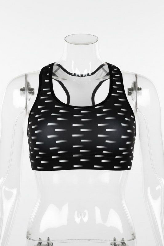 Black racerback sports bra with a repeating horizontal white stripe pattern, shown against a plain white background. 