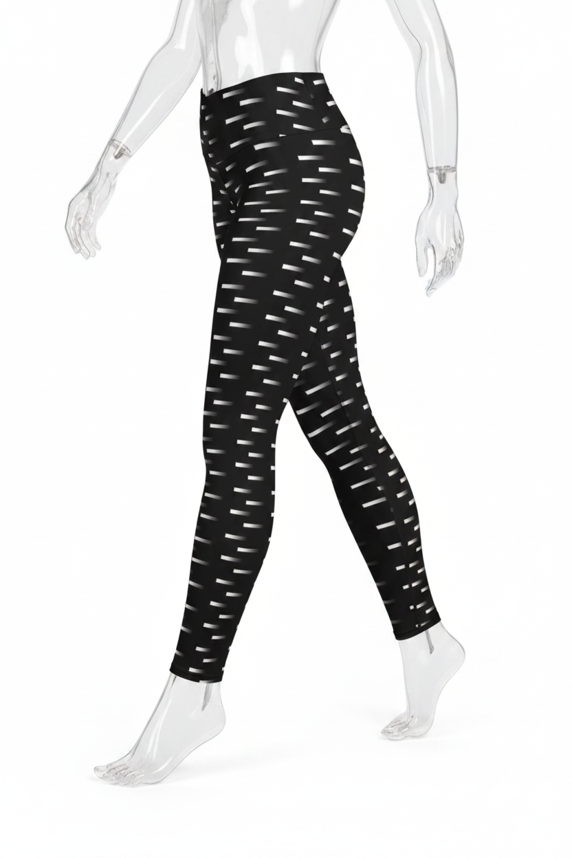 Black high-waisted leggings with a white dash pattern, shown on a mannequin from the waist down against a white background.