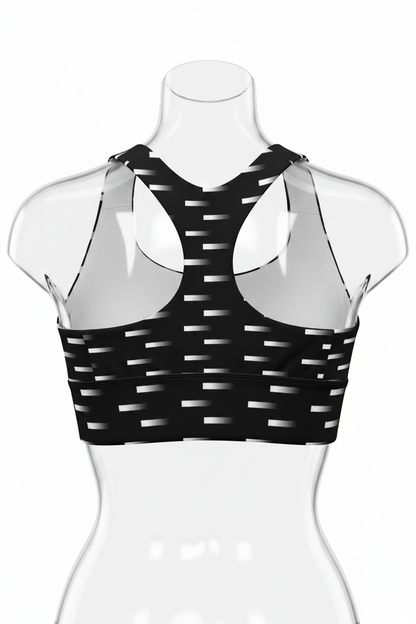 Black and white patterned sports bra with a racerback design, shown from the back on a white background. 