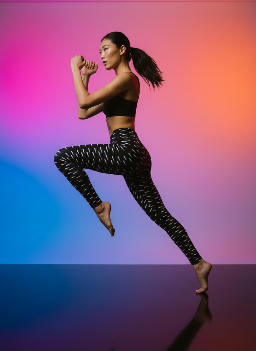 Woman in black athletic wear posing against a gradient background